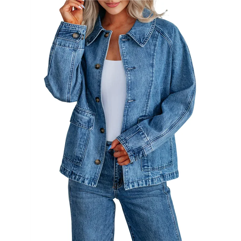 

ELEG-Женская джинсовая куртка большого размера, повседневная джинсовая куртка на пуговицах с длинными рукавами, осеннее пальто