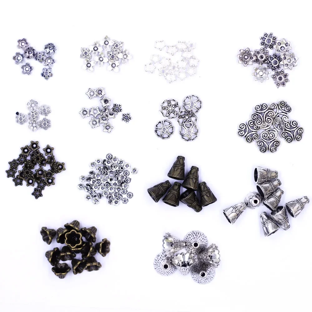 

30Pcs-500Pcs Mixed Size Bronze Silver Tone Metal Flower Bead End Caps For Needlework Accessories Jewelry Making Findings
