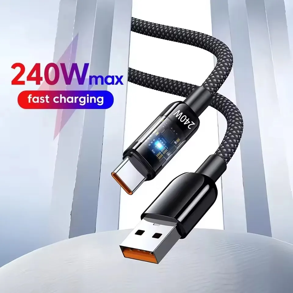 

240W Cable Nylon USB Type C Super Fast Charging Cable For Samsung Xiaomi Huawei Honor LED Digital Display Fast Charger Data Cord