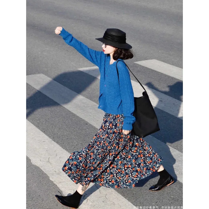 Falda con estampado de flores azules Vintage para Mujer, Faldas de línea a de cintura alta, Faldas sueltas de longitud media que combinan con todo,