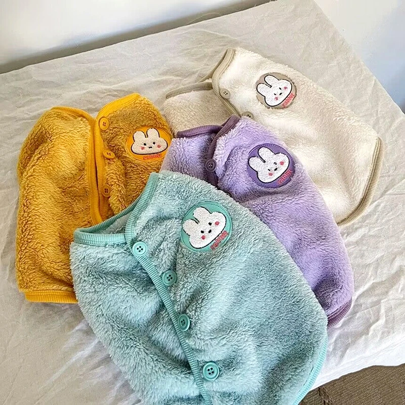 

Rabbit Embroidered Pet Vest Warm Teddy Winter Clothes Solid Color Open Button Top Cartoon Dog Clothes Puppy Two Leggings