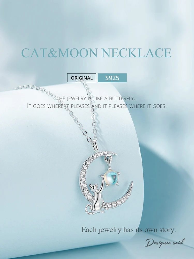 WOSTU 925 Sterling Silver Cute Cat Moon Pendant Necklace For Women, reamy Moonstone Zircon Charm Necklaces Special Gift For Her