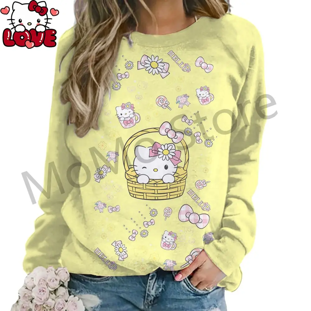 Moletons femininos de manga comprida hello kitty o pescoço lindos pulôveres y2k streetwear 2024 S-3XL novas roupas kawaii de alta qualidade