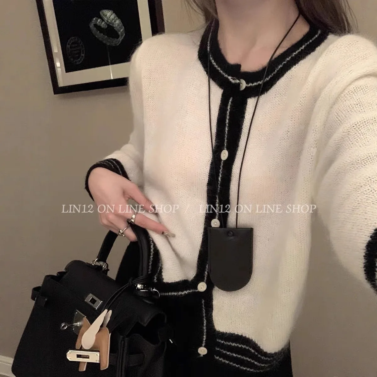 Women Grey O-Neck Cardigan Autumn Sweater Preppy Style Long Sleeves Striped Cashmere Sweater Vintage Knitwear Y2k 2000s Clothes
