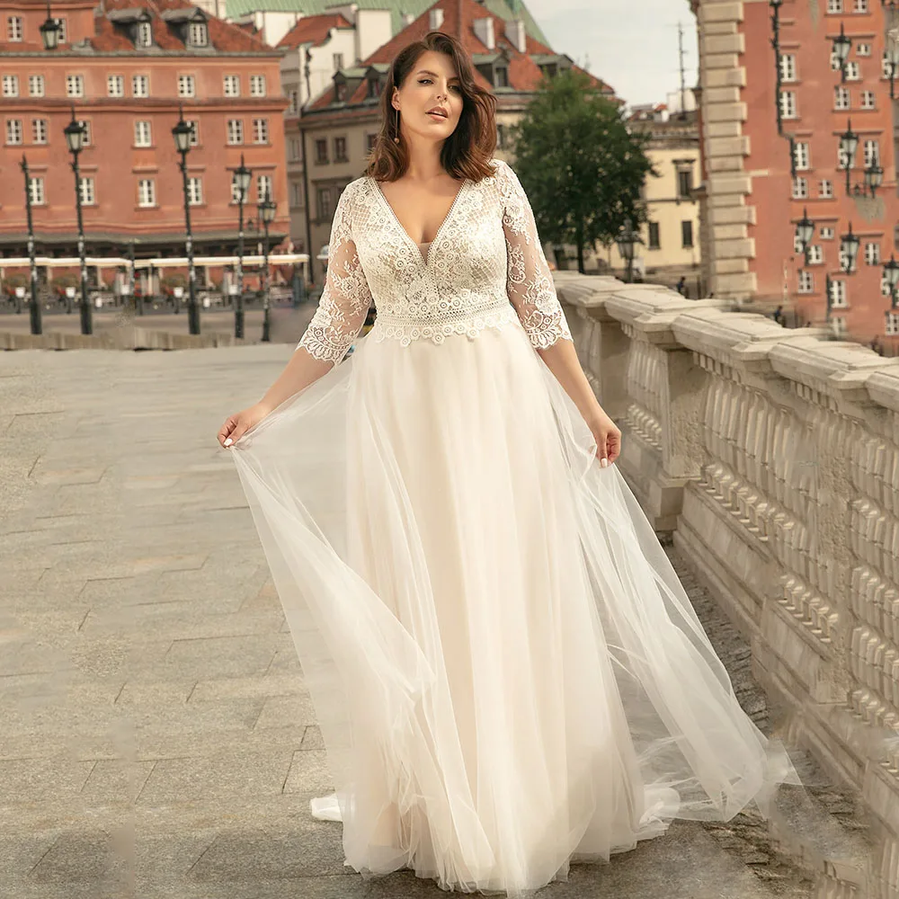 

Classic Wedding Dresses For Women Plus Size Three Quarter Sleeves Bride Gowns Lace Applique A-Line Sweep Train Vestido De Novia