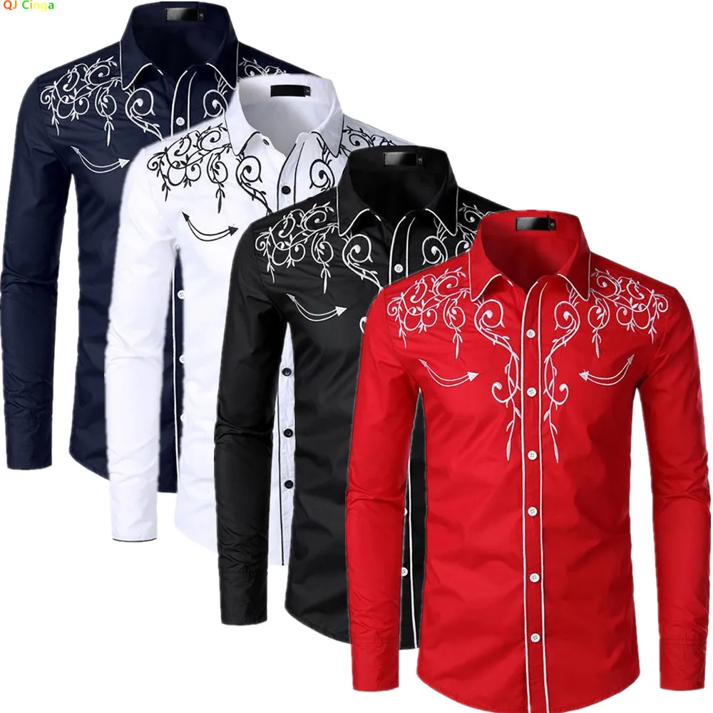 Men's Autumn Red Embroidered Shirt, Western-Style Long-Sleeve Floral Shirts, Available in Blue, White, and Black.