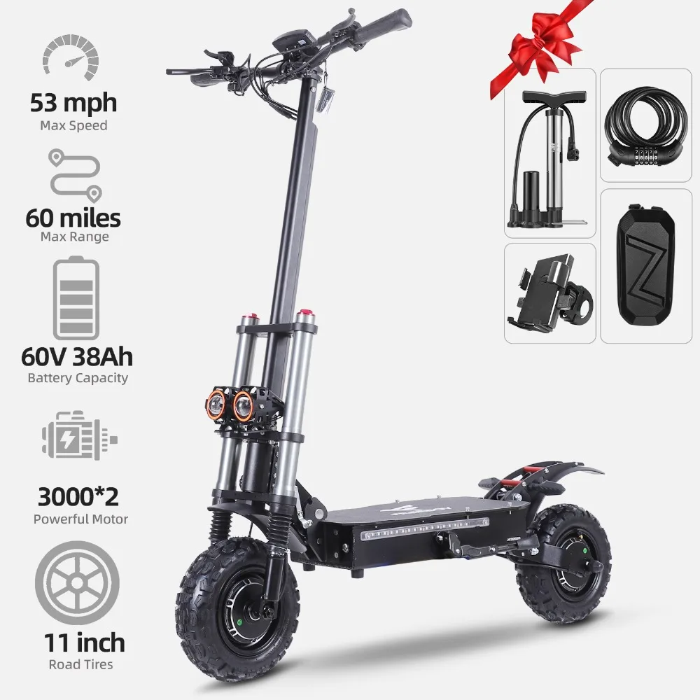 

Electric scooter6000WMotor 60v38AH Battery 11Inch AdultOff-road Escooters 85km/h DoubleDrive Version E-5cooter road haul90-100KM