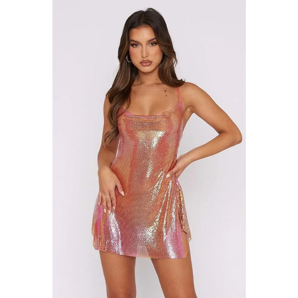 Backless Party Dresses Mini Glitter Women\'s Dress Summer Sleeveless Sexy Dress Night Club Outfits Straps Dress Female Purple