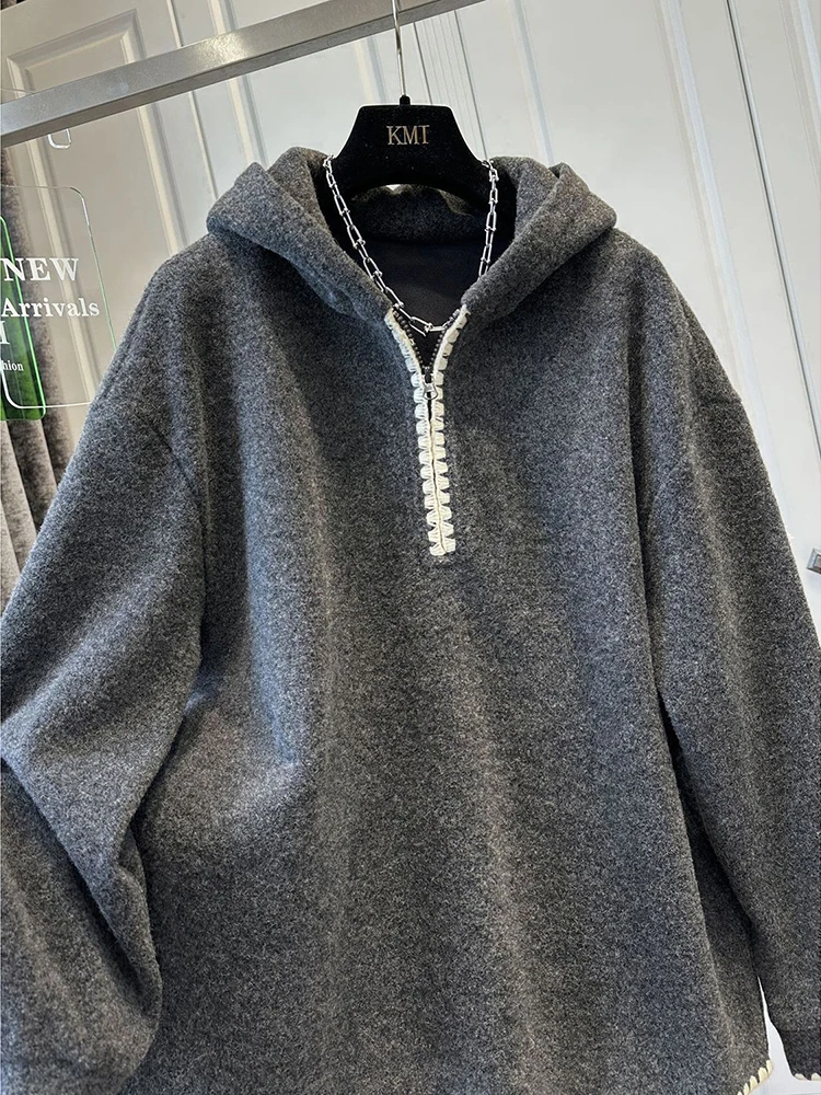 플러스 사이즈 여성용 안감 후드티 특별 대형 M300 푸 컬러 블록 지퍼 디자인 트렌디 겨울 신상품