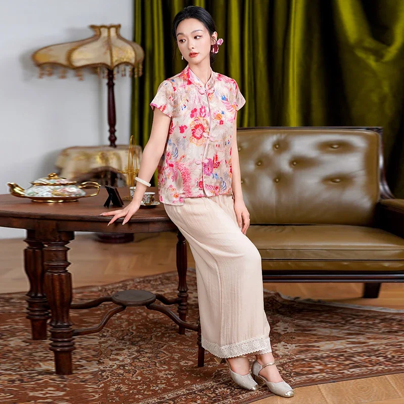 

Летние топы на пуговицах, женская современная восточная рубашка - винтажная розовая красная блузка с цветочным принтом, традиционная китайская одежда