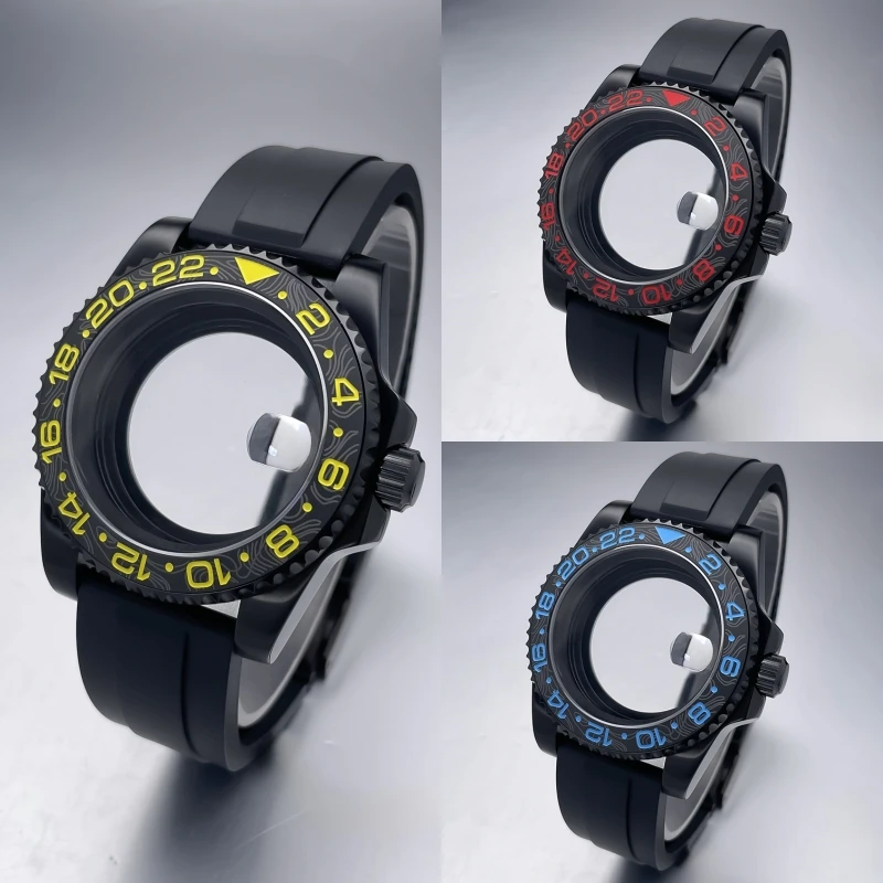 40mm NH35 Watch Case All Black Sub Style Rubber Strap Sapphire Crystal Stainless Steel Nh34 Nh36 Nh35 Nh38 Movement Watch Case