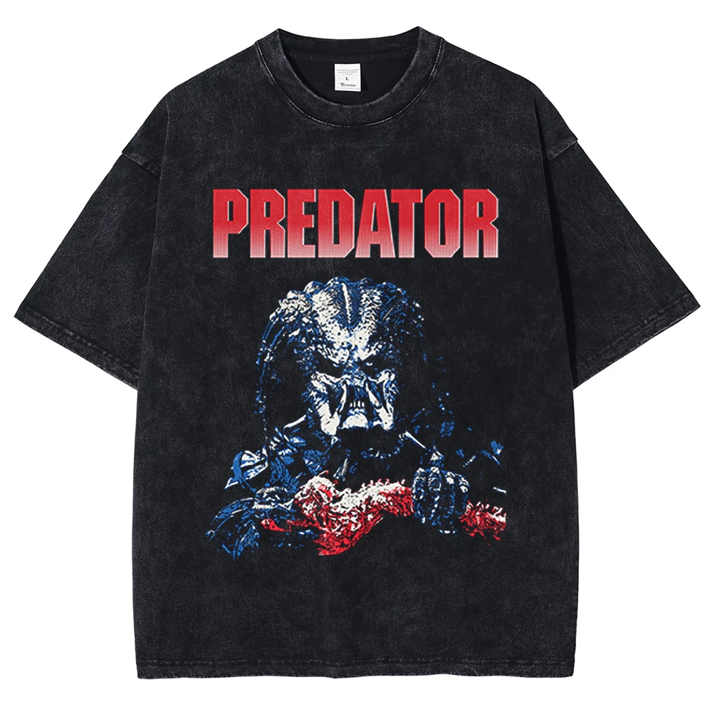 Men\'s T-shirt Predator Pattern DTG Printed Shirt Short Sleeved Retro Summer Washed Cotton Punk Oversized Unisex Harajuku Top