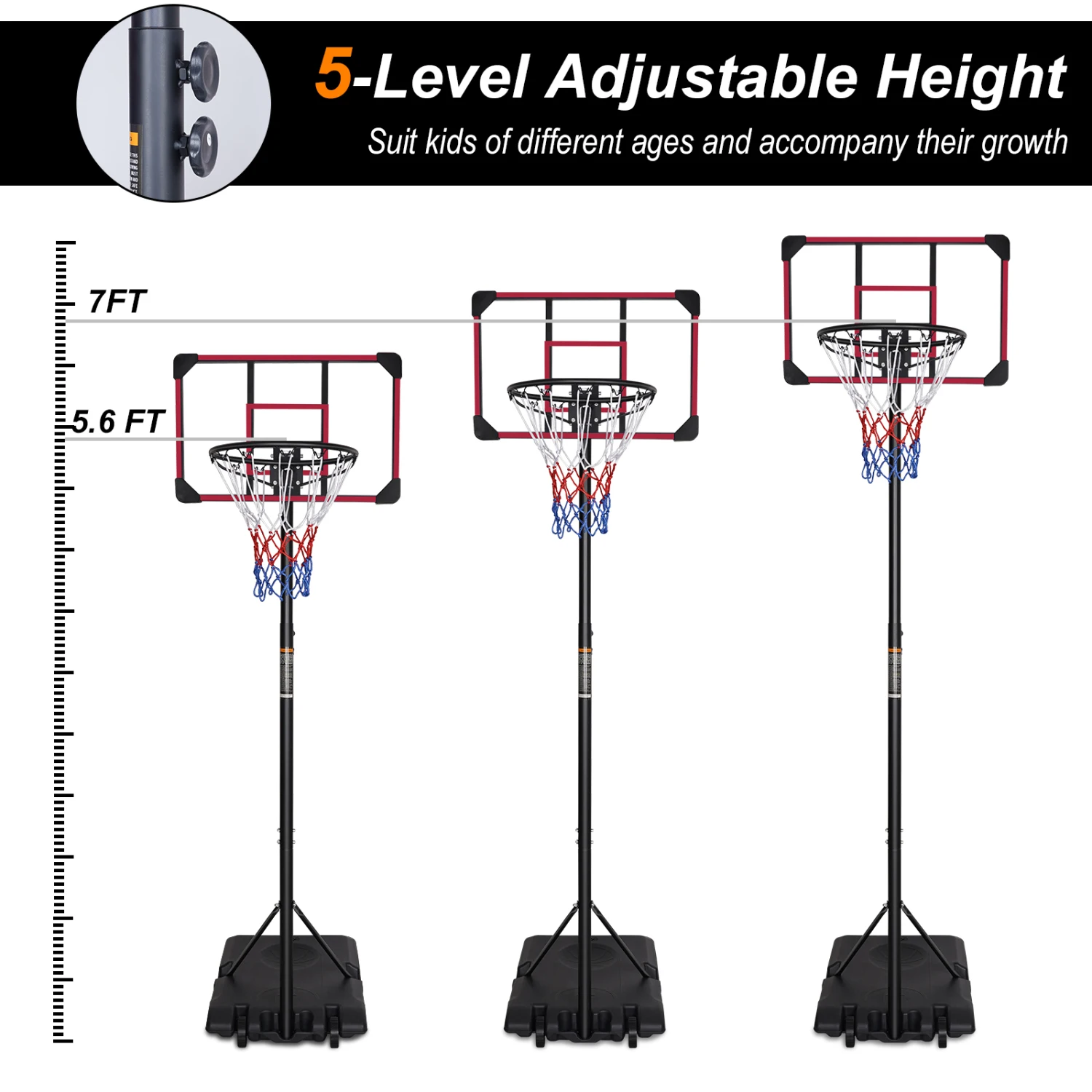 Sistema porta da basket portatile ad altezza regolabile per giovani - Base stabile, uso interno/esterno, tabellone da 28", ruote - 5,6-7 piedi