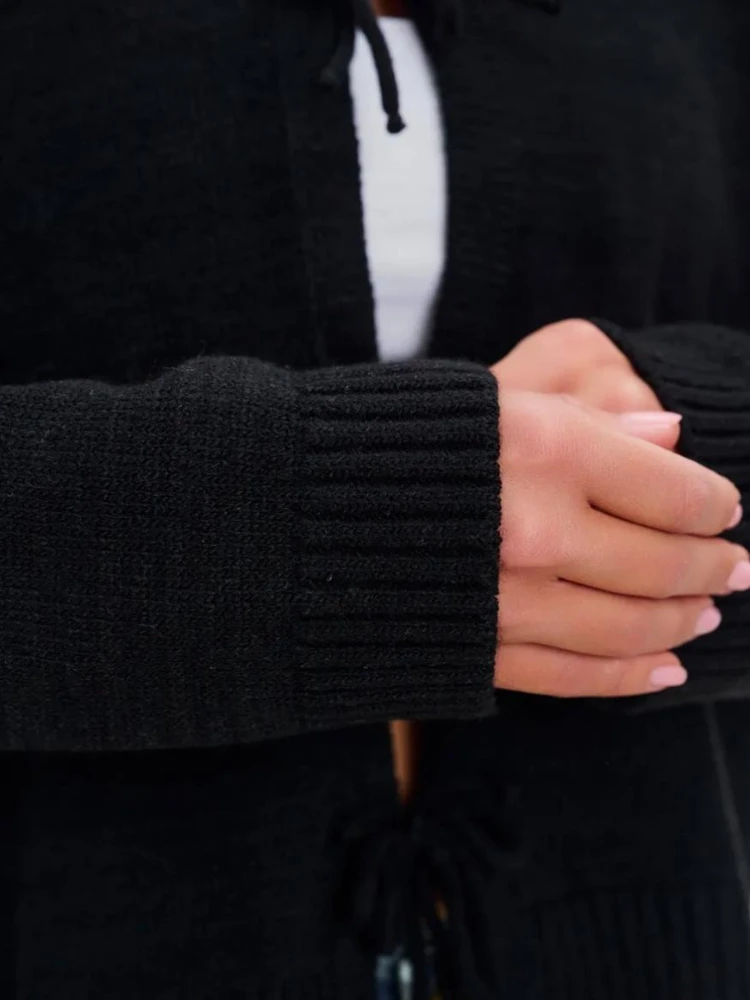 トッシーニットレースアップソリッドカーディガンコート女性通勤ラウンドネックルーズ長袖カジュアルセーター女性ニットウェアカーディガンコート