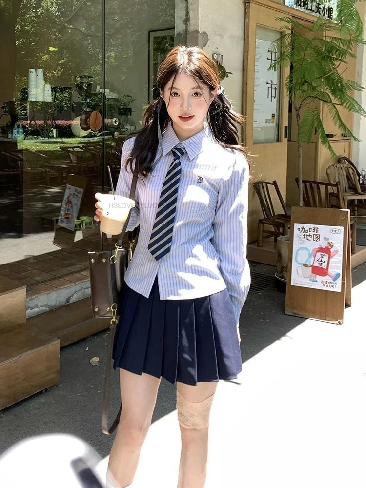 Japanese Korean School Costume Suit Hot Girl Sexy Wear College Style Blue Jk Long Sleevedtie Shirt Women Fashion Uniform Jk Set