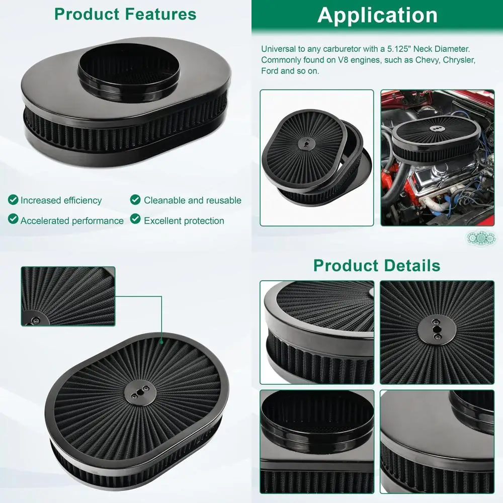 

12 x 2 Oval Low Profile Air Filter Assembly, 5-1/8 Carburetor, Washable & Reusable, V8 Air Cleaner, Black