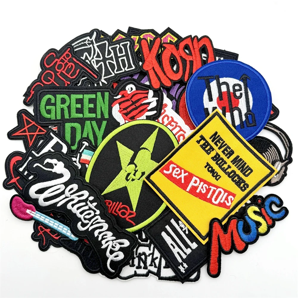 25 pçs/lote banda remendos bordados para roupas ferro em remendos música rock diy roupas listras adesivos costura jaqueta