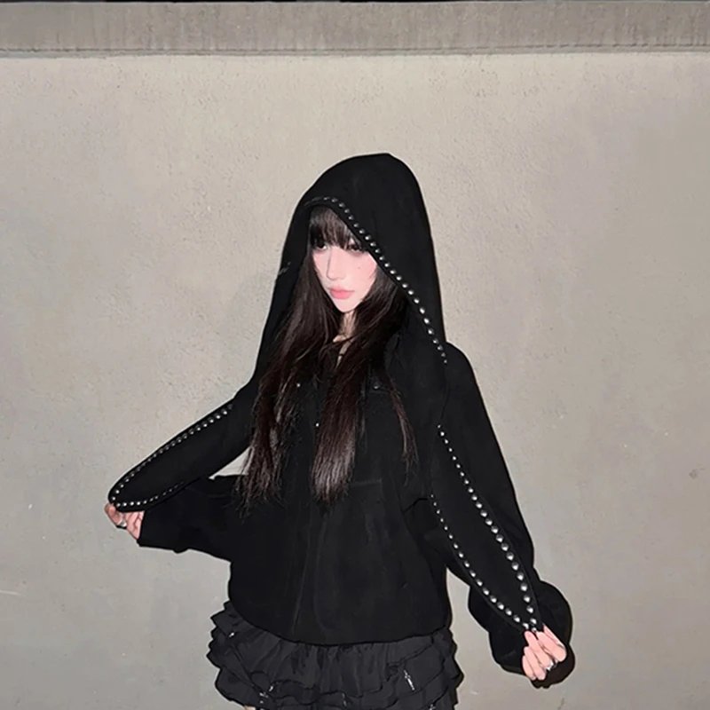 

MEXZT Y2K черные толстовки женские Harajuku уличная одежда с заклепками толстовки с капюшоном осень зима готический гранж эстетические куртки на молнии