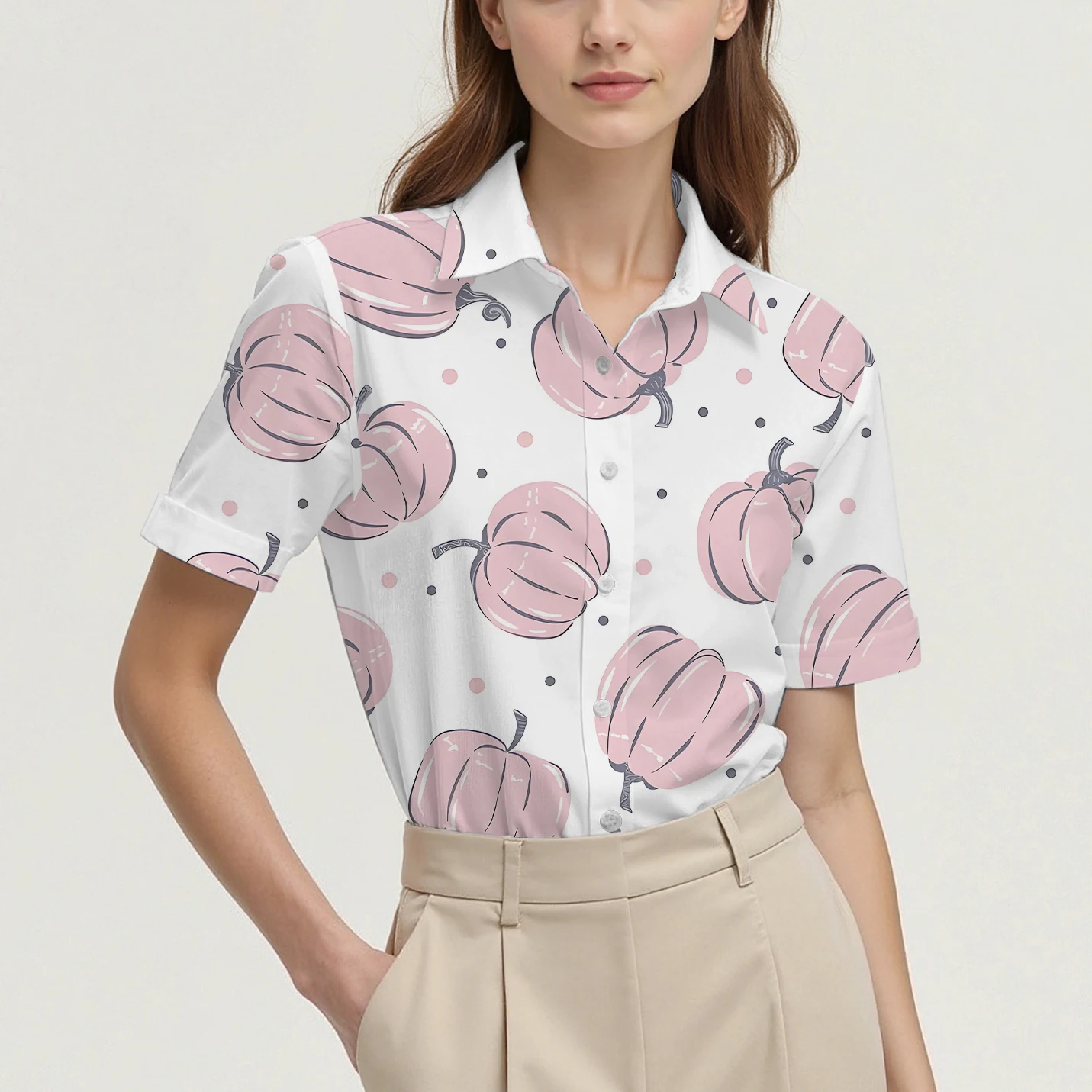 

Summer women's short-sleeved shirt with lapel top and Christmas hat and pumpkin pattern design for casual and comfortable wear