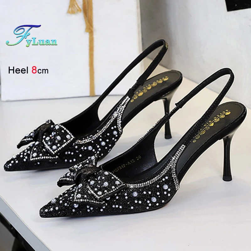 

Весенне-осенняя женская обувь с черным бантом и блестками и жемчугом, женские туфли-лодочки с острым носком на тонком каблуке 8 см с задним ремешком, неглубокие женские туфли-лодочки, сандалии для вечеринок