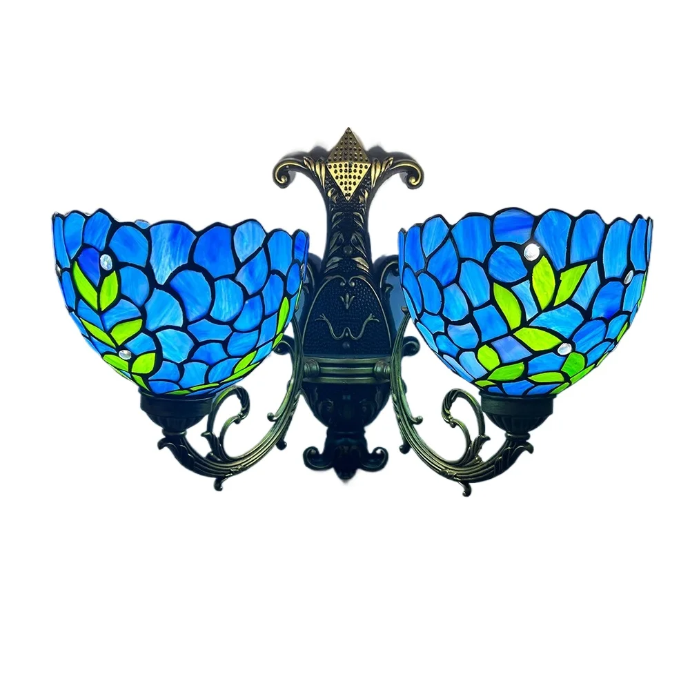 

Double Head Handmade Hotel Living Room Home Decor Wall Lamps Tiffany Stained Glass Wisteria Rose Lampshade Wall Sconce