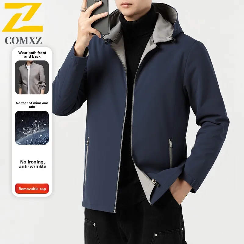 Autumn 2-sided Jacket Men's Minimalist Casual Loose Anti-wrinkle Waterproof Windbreaker Male Hiking Fishing Detachable Cap Coat