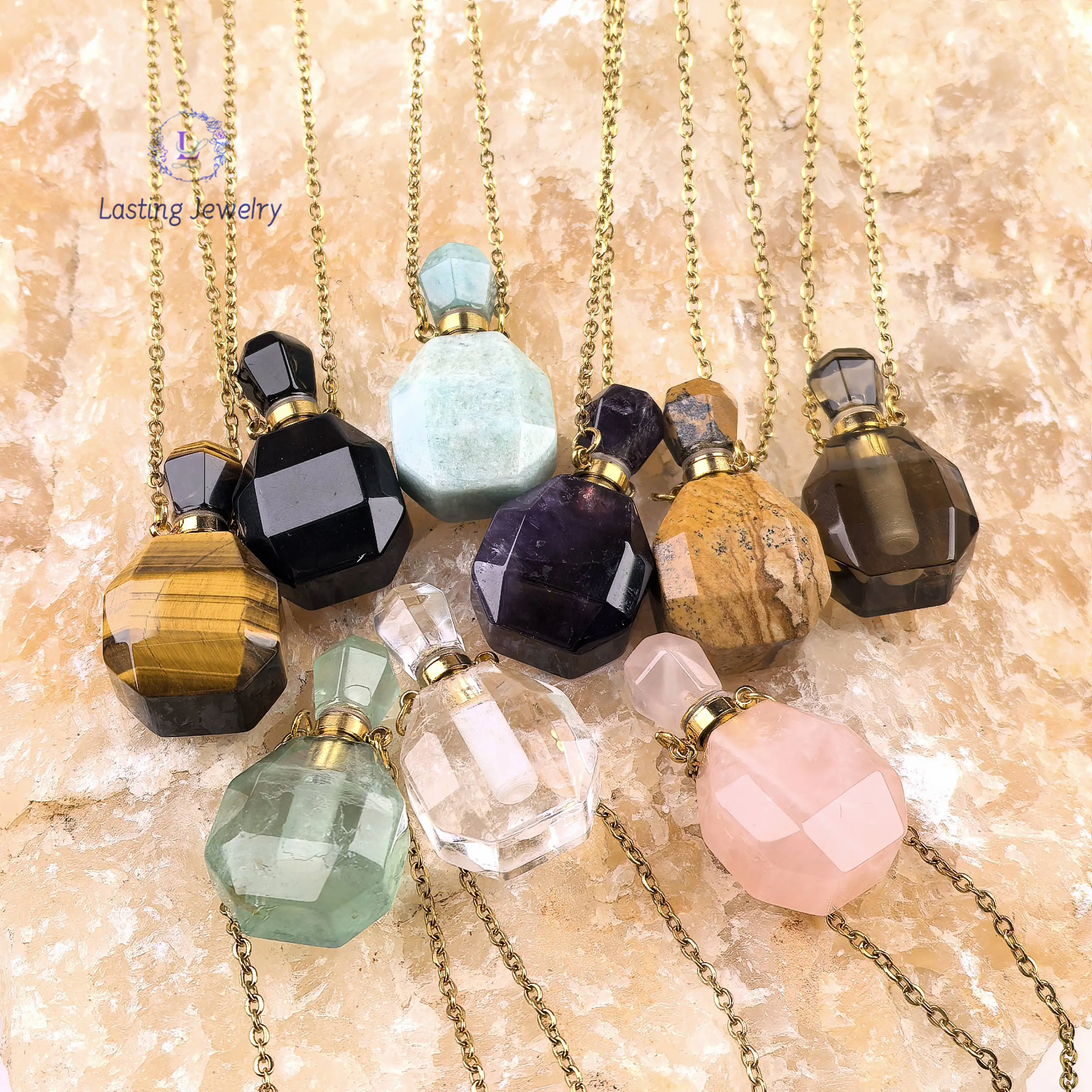 Amazonite Rose Quartz Essential Oil Diffuser Vial Pendants Healing Crystal Obsidian Perfume Bottle Charms Necklace Women Jewelry