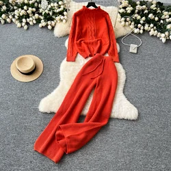 Chic Women Two-Piece Sets Slim Half High Collar Long Sleeve Top and High Waist Draw String Wide Leg Pants Winter Knit Clothing