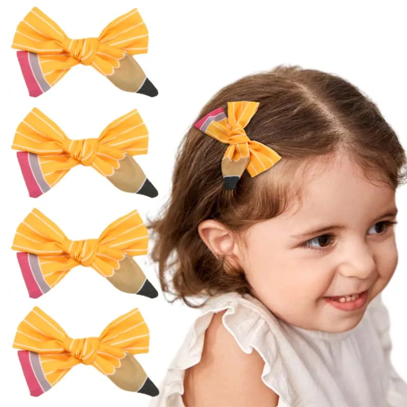 ncmama 2Pcs New Pencil Hair Bow Clips for Baby Girls Back To School Ribbon Bowknote Hairpin Barrettes Headwear Hair Accessories