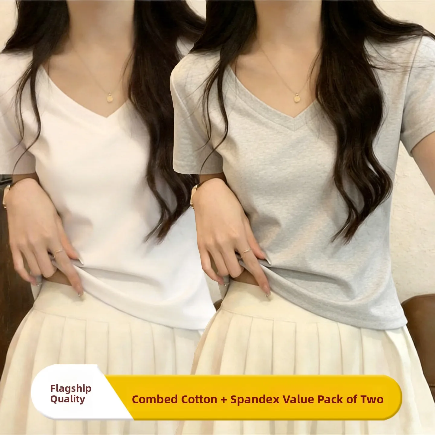 Slim Fit V-Neck T-Shirt Unique Short Style Combed Cotton Cap Sleeve Fashionable Korean Version Breathable Comfortable for Women