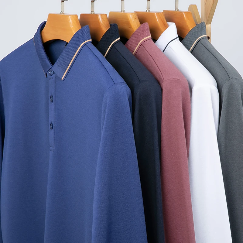 Luxurious Men's Long-Sleeved Collared Polo Shirt Autumn Solid Color Wool  Silk T-Shirt High Quality Breathable Men's Clothing