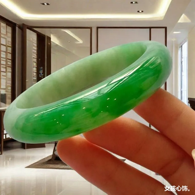 Myanmar natural bracelet for women, ice-type flat bar, old mine green jadeite with floral patterns