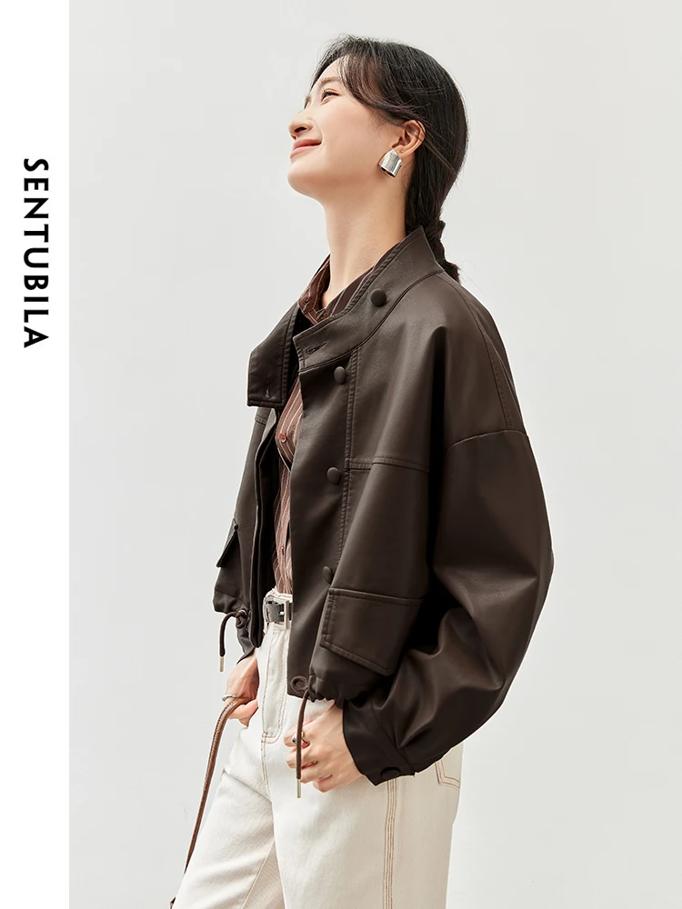 SENTUBILA Women Solid Pu Leather Jackets Autumn Retro Casual Draw Rope Cropped Motorbike Jackets Cool Windproof OutwearW43G56875