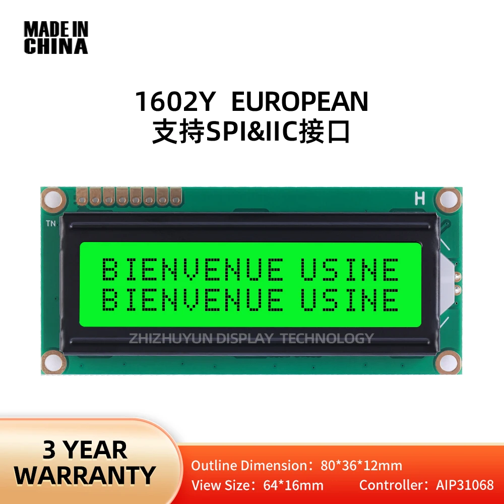 Display LCD de caracteres, interface SPI europeia, luz verde, controlador de palavras pretas, AIP31068, LCD1602Y