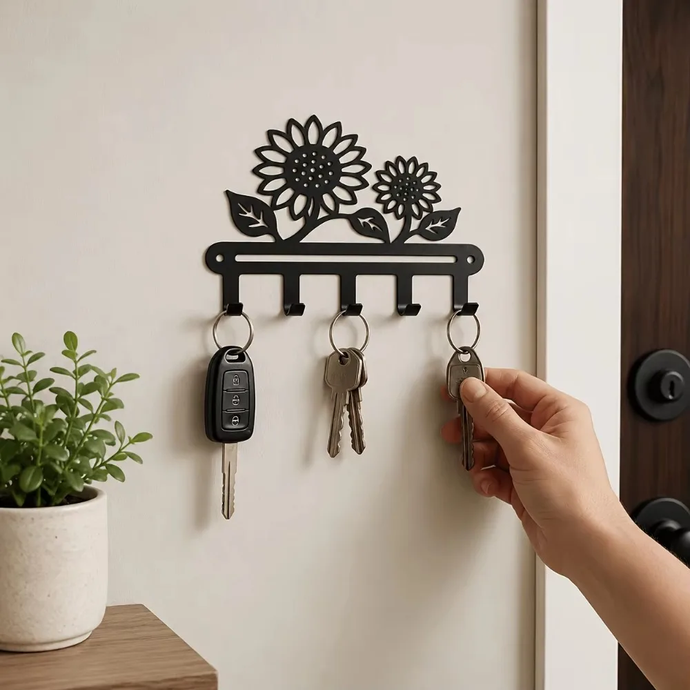 CIFBUY Sunflower Metal Key Holder Wall Mount Iron Hook Rack Entryway Hallway Kitchen Hanging Keys Coats Bags Rust Proof Gift