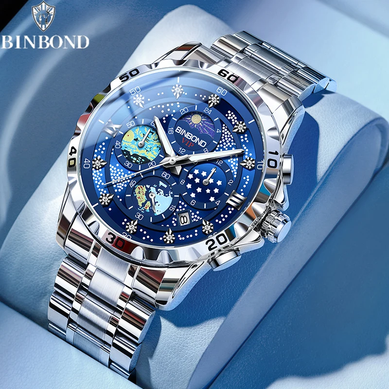 BINBOND Men\'s Watches Classic Fashion Original Qrartz Watch for Man Waterproof Luminous Starry Night Glow Dial Moon Phase Date