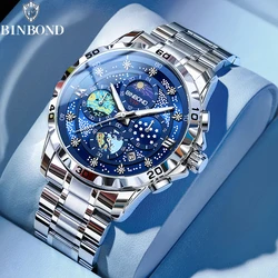 BINBOND Men's Watches Classic Fashion Original Qrartz Watch for Man Waterproof Luminous Starry Night Glow Dial Moon Phase Date