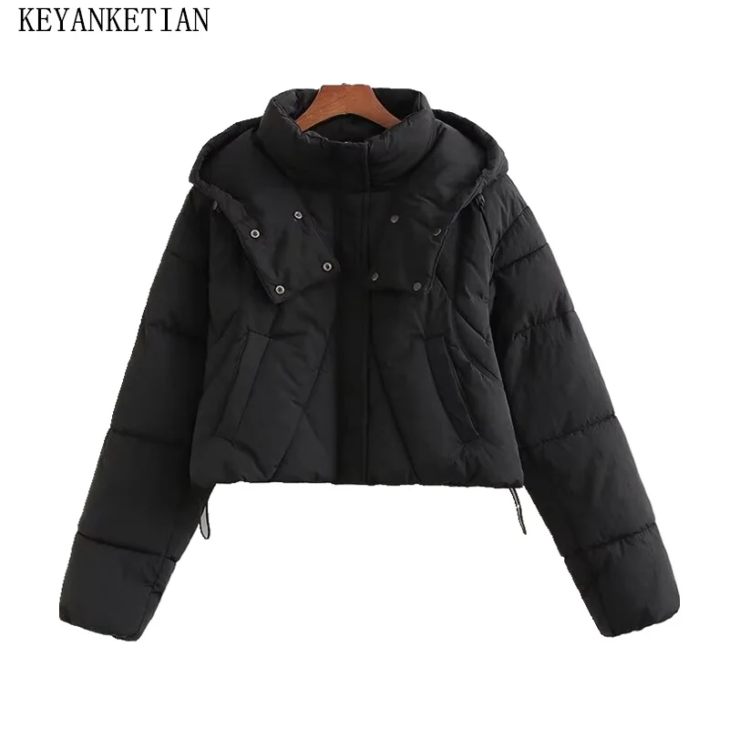 

KEYANKETIAN 2024 New Women's Nylon Hooded Quilted Coat Winter Leisure style Thick Thick Warm Short Outerwear Black Blazer Top