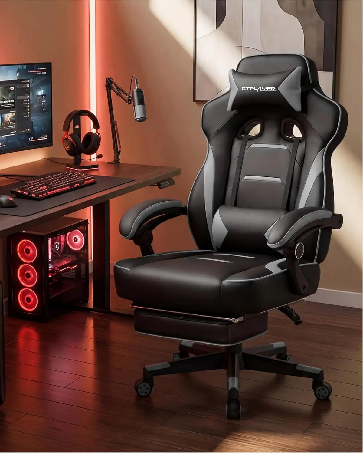 Gaming Chair for Adults, Big and Tall Heavy Duty Office Chair with Ergonomic High Back Lumbar Support and Recliner, Sky Gray