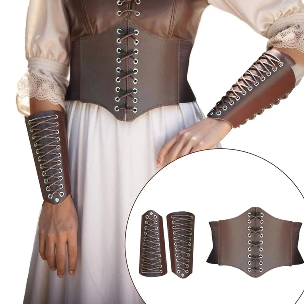 

Vikings Vintage Wide Waist Belt Wristband Set Embossed PU Leather Lace Up Cuff Retro Cosplay Clothing Medieval Punk Accessories