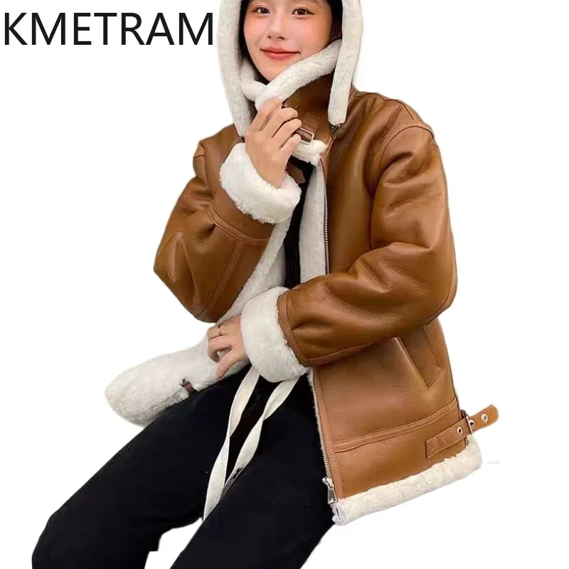 Natural Sheepskin Wool Double Faced Fur Coat Women Motorcycle Leather Jacket Winter Fashion Woman Clothes 2024 дубленка женская