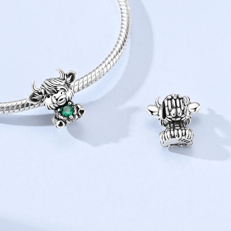 925 Sterling Silver Charms Bead CZ Zircon Highland Cow Heart  Dangle Fit Original Bracelet DIY Women Jewelry Gift