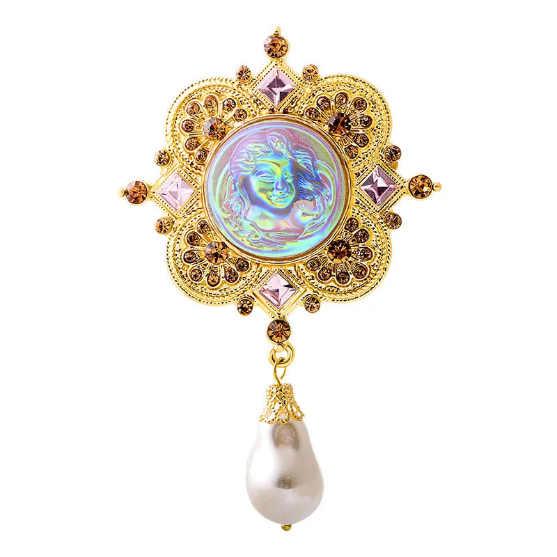 Retro Medieval Brooch Colorful Translucent Imitation Glass Baroque Pearl High-end Clothing Accessories for Men and Women Corsage