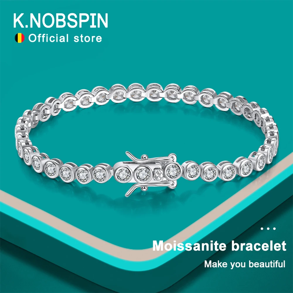 KNOBSPIN D VVS1 Round Moissanite Tennis Bracelet Original s925 Sterling Silver Plated 18k Gold with GRA Bracelets for Women Man