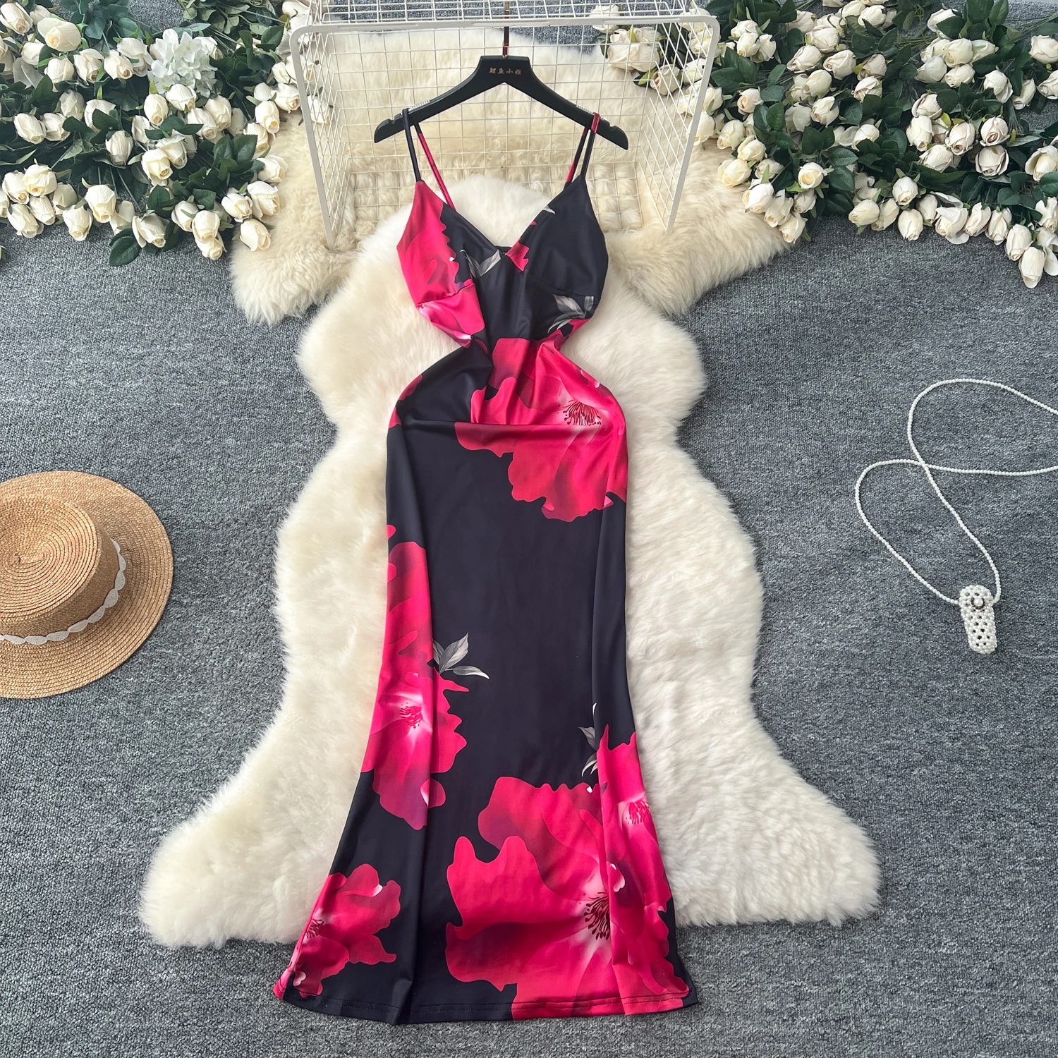 

Elegant Print Vintage Fashion V-neck Off Shoulder Sleeveless Slim Straps Long Dresses Hotsweet Sexy Evening High Street Clothing