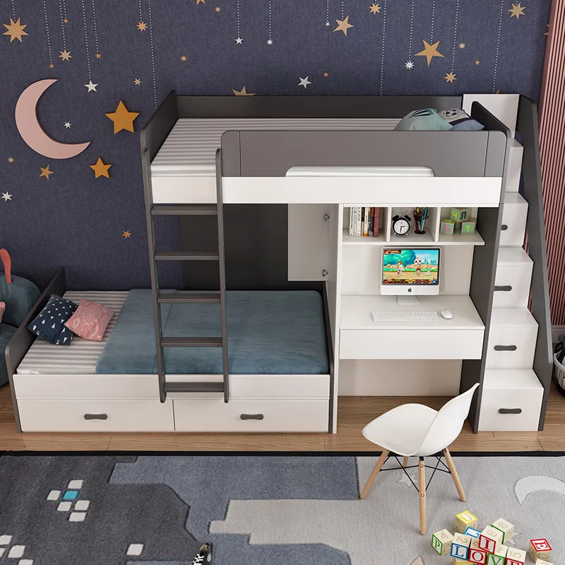 Children's bed staggered high and low bed with desk small apartment parallel upper and lower bed with wardrobe dislocation bunk