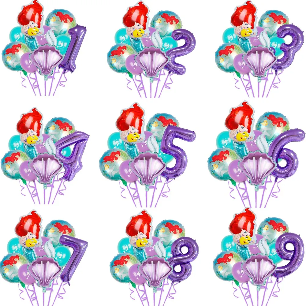 9pcs/Set The Little Mermaid Ariel Birthday Party Foil Balloons Decoration Baby Shower Fish Tail Shell Shape Helium ballon Supply