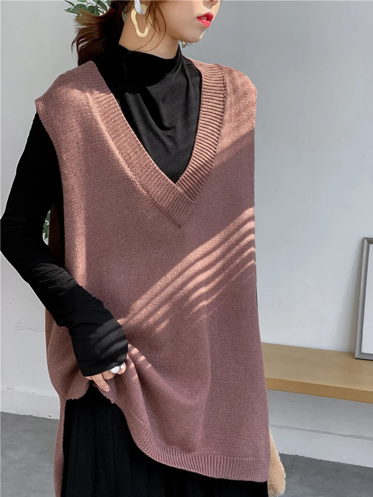 EAM-suéter de punto con abertura lateral amarilla para mujer, Jersey sin mangas con cuello en V, talla grande, tendencia de moda, primavera y otoño, 2024, 1DH6441