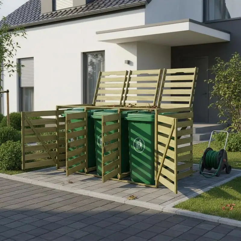 Abfalltonnenbox für 3 Tonnen 240L – Wetterfeste Abfalltonnenverkleidung aus imprägniertem Kiefernholz, Sichtschutz für den Garten, mit 3 Klappdeckeln & Fronttüren, Robuste & verrottungsbeständige