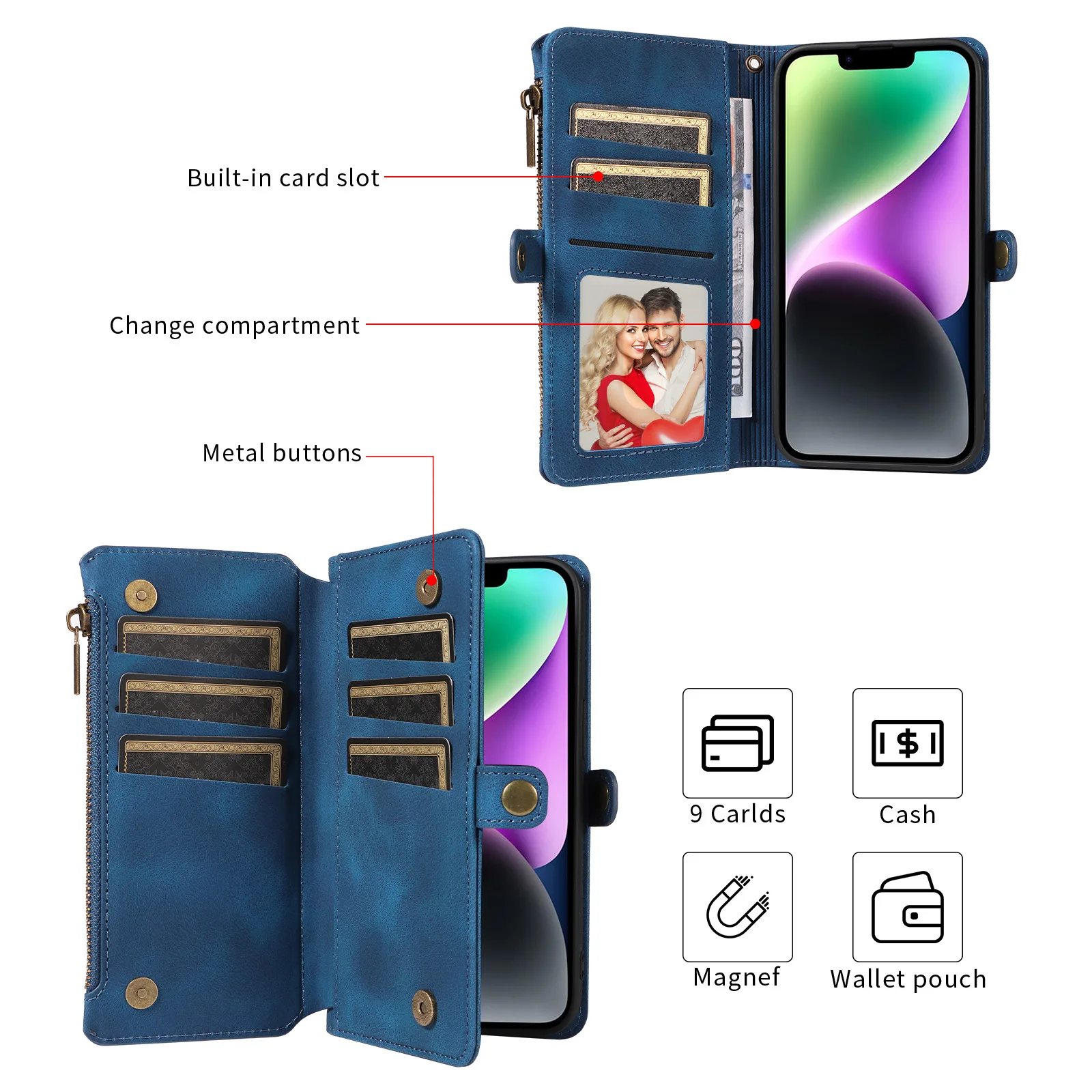 Business Zipper Flip Leather Phone Case For iPhone 15 Pro Max 14 13 12 11 Pro Max 15 Plus 13 Pro Card Slots Wallet Cover